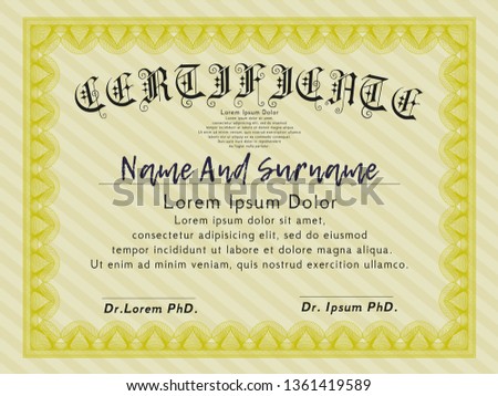 Yellow Certificate. Easy to print. Money Pattern design. Vector illustration. 