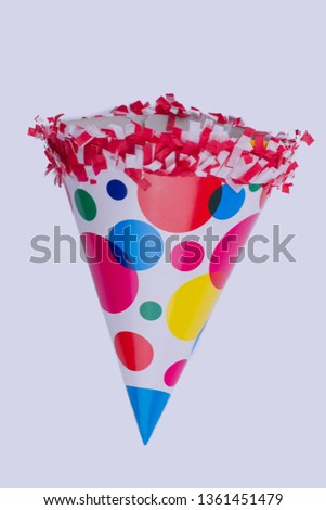 Party cone hat for Birthday celebration. Kids party cap isolated on white background. Funny paper accessory for childrens party.