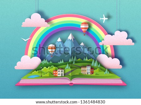 Open fairy tale book with countryside mountains landscape. Cut out paper art style design