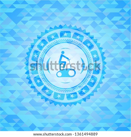 stationary bike icon inside realistic light blue emblem. Mosaic background