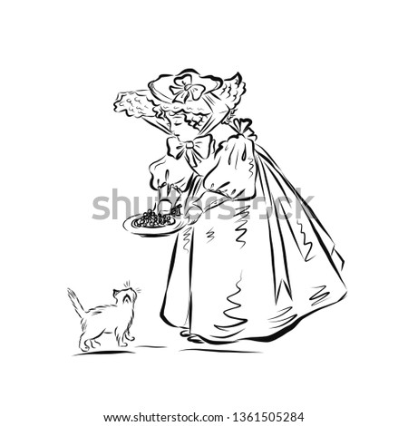 Girl feeds a cat. Child dressed in long ball dress and broad-brim hat. Lady in vintage style from the nineteenth century. Drawing for coloring. 