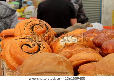 Picture of a bread booth taken in Beer-Sheva (Israel) farmers market.