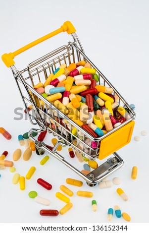 colorful tablets in the cart, photo icon for health costs, pharmacies, abundance of drugs