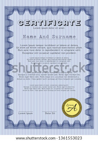 Blue Diploma or certificate template. With quality background. Retro design. Vector illustration. 