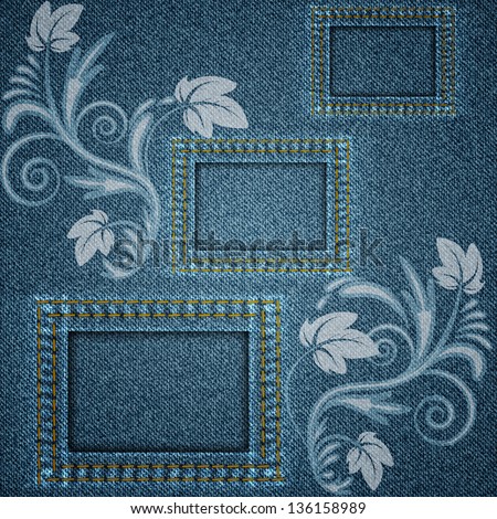 Denim blue background with three square elements and printed white floral pattern. Vector illustration.