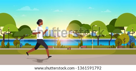 african american woman jogging outdoors modern public park girl headphones running sport activity concept cityscape sunset background horizontal banner flat