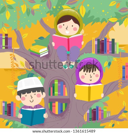 Illustration of Muslim Kids Reading Books On Tree Branches Full of Books