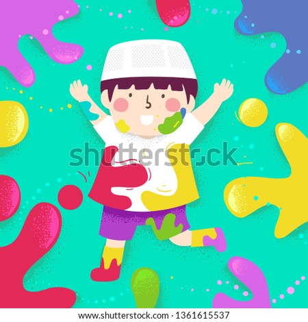 Illustration of a Muslim Kid Boy Wearing White Shirt and Playing with Color Splats Around