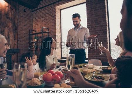 Close up photo big family birthday say tell speak talk congrats relatives bonding company brother sister granny mom dad grandpa little daughter weekend sit festive holiday dishes table house indoors