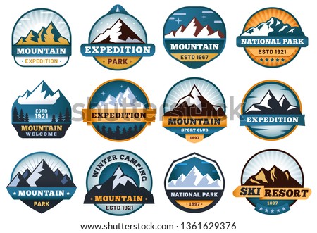 Mountain labels. Hiking emblems, mountains emblem badges and outdoors hill travel label. Snow mountains tourism logo or hike mountaineering expedition patch. Vector isolated sign set