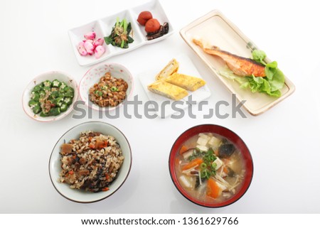 Delicious Japanese traditional foods isolated on white background.