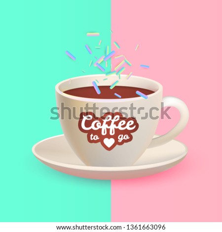 Realistic 3D Coffee Cup in Trendy Design. Cafe Symbol with Falling Marshmallow.