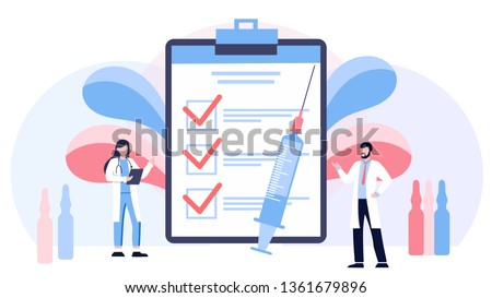 Vaccination vector illustration. Flat virus injection persons concept. Preventive medication dose to protect body from epidemic infection, virus, disease and illness. Bacteria outbreak immunity. Royalty-Free Stock Photo #1361679896
