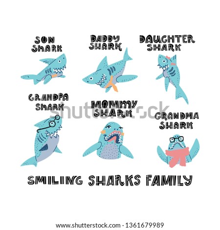 Smiling Sharks Family vector drawings set. Clipart for T-Shirts, Hoodie, Tank. Vector illustration text for clothes.