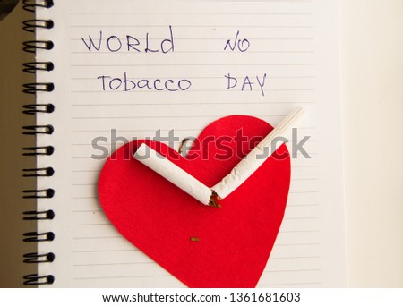 World day Smoking cessation, quit Smoking, anti-Smoking concept, broken cigarette on red heart and words world no tobacco day