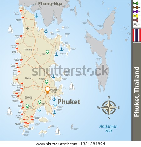 Vector of Phuket Province, Thailand. Map contains Phuket and Phang-Nga islands, roads and beaches icons Royalty-Free Stock Photo #1361681894