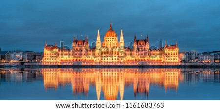Hungarian parliament in Budapest at twilight blue hour - Budapest, Hungary