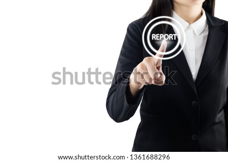 business young woman wearing black suit standing hand touching report sign on virtual screen, modern business background concept