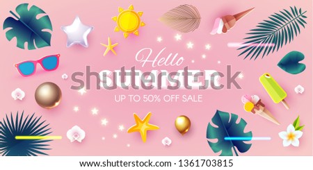 Summer Sale Tropical Background with Leaves, Flowers, Balloons. Lights and Neon Effects. Vector illustration