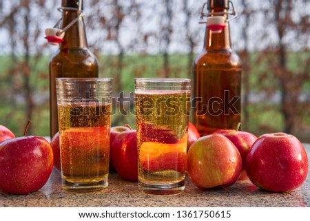 Close up Picture on two glasses or jars full of organic sparkling apple cider and two rustic bottles with red riped apples on stone garnit table in the garden restaurant during summer sunny evening.