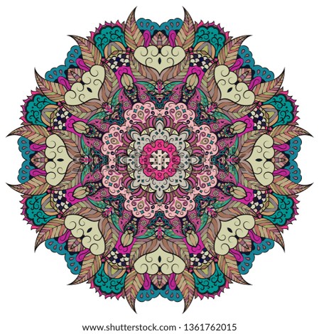 Mandala, tracery wheel mehndi design. Ethnic ornament, colorful doodle symmetry texture. Folk traditional spiritual tribal design. Curved doodling mehndi motif. Color art. Vector.