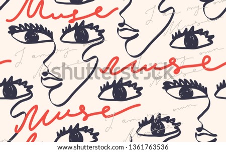 Modern fashion pattern with continuous line, drawing of woman face. Fashionable template for design. Signs "MUSE" Royalty-Free Stock Photo #1361763536