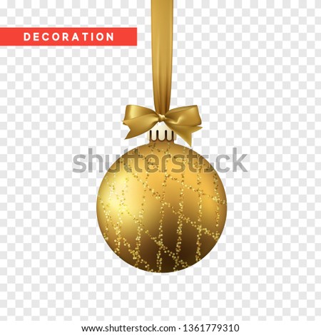 Xmas balls gold color. Christmas bauble decoration elements. Object isolated a background with transparency effect
