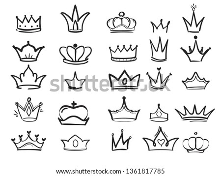 Doodling crown. Ink hand drawn symbols of king elegant imperial monarch vector ink art