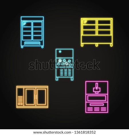 Professional kitchen equipment icon set in neon style