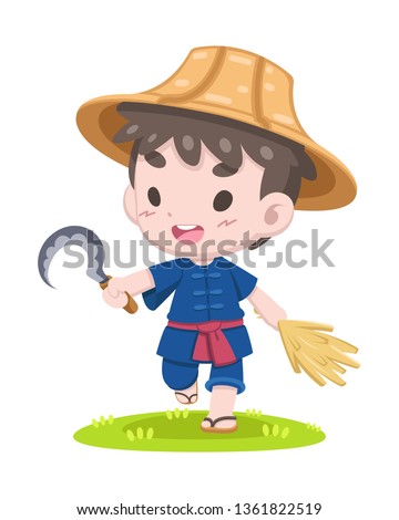 Cute cartoon style Thai farmer with sickle and ear of paddy walking relaxly illustration Royalty-Free Stock Photo #1361822519