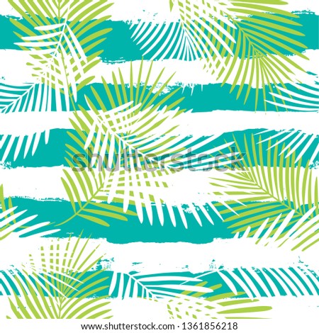 Tropical pattern, palm leaves seamless vector floral background. Exotic plant on stripes print illustration. Summer beach jungle print. Leaves of palm tree on paint lines. ink brush strokes - Vector