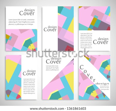 Set of A4 cover, abstract composition. Colorful header design for flyer, book, info banner frame, title sheet. Colored geometric shapes. Modern design. Brochure template layout. Vector illustration