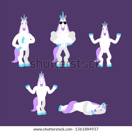 Unicorn set poses. Magic horse happy and yoga. Fairy Beast sleeping and angry. guilty and sad. Vector illustration
