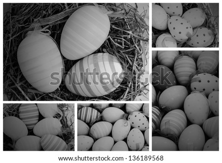 Collage of various pictures of easter eggs in black and white