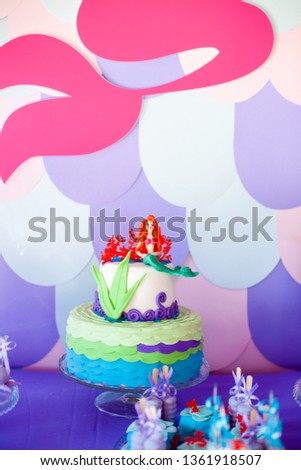 Mermaid theme cake with colorful glitter tails, shells and sea creatures toppers for children's, teen's, novelty birthday and party celebrations.