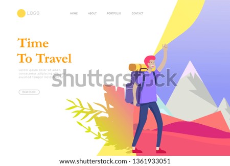 landing page template. People characters woman for hiking and trekking, holiday travel vector, hiker and tourism illustration. Happy Tourists travelling. Vector cartoon style illustration