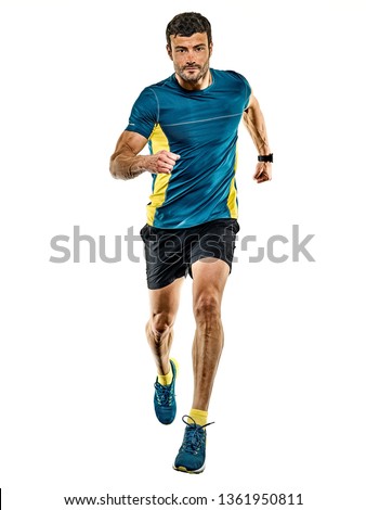 one caucasian handsome mature man running runner jogging jogger isolated on white background Royalty-Free Stock Photo #1361950811