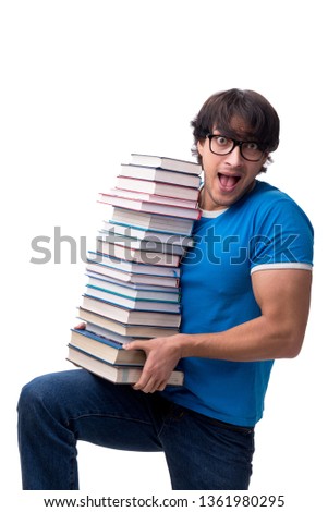 Male student with many books isolated on white