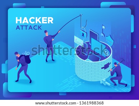 Phishing scam, hacker attack, mobile security concept, data protection, cyber crime, 3d isometric vector illustration, fingerprint, smartphone information safety