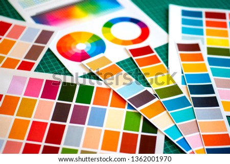 Color selection. Table where ux works Graphic designer. Selection of color for the work of the designer. Colorboard is laid out on the table. Color palette. Royalty-Free Stock Photo #1362001970