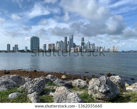View of Brickell skyline from Virginia Key/Rickenbacker Causeway near Key Biscayne in Miami Florida.