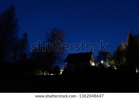 Holiday cottage and starry sky. Czech republic. Jeseniky mountains