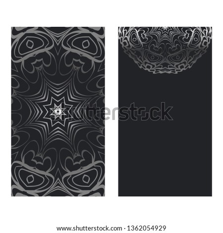 Visit Card Template With Floral Mandala Pattern. Vector Template. Islam, Arabic, Indian, Mexican Ottoman Motifs. Hand Drawn Background. Black silver color.