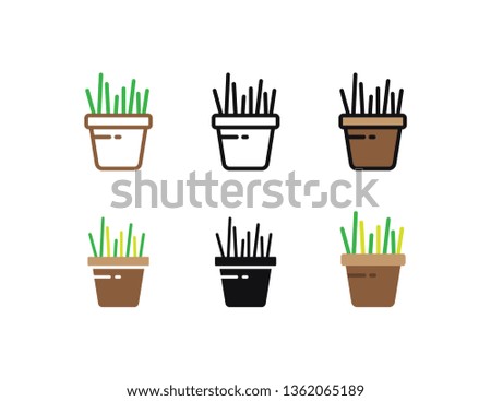 Set floral plants and blooming cactus in pots isolated with line, flat and glyph icon styles on white background. vector illustration
