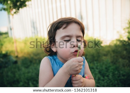 Cute little girl is blowing the dandelion. Summer day concept.Childhood period