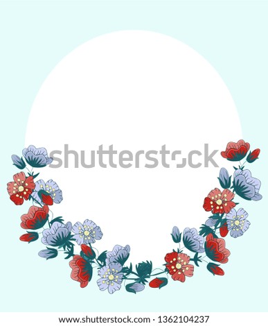 beautiful round frame of red and blue primroses on a light background for holiday cards design