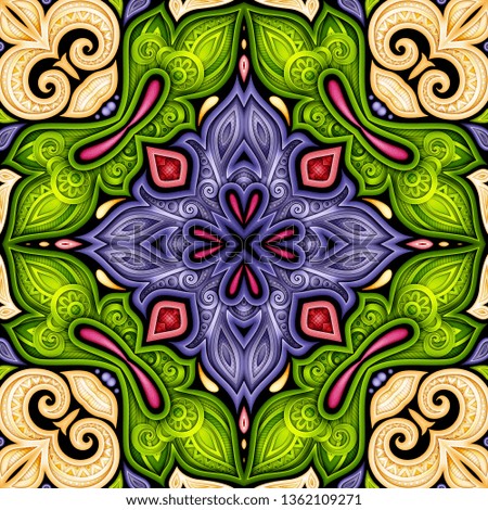 Colored Seamless Pattern with Mosaic Motif. Endless Floral Texture in Paisley Indian Style. Tile Ethnic Background. Realistic Complex Ornament. Vector 3d Illustration. Abstract Mandala Art