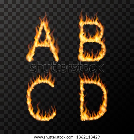 Bright realistic fire flames in A B C D letters shape, hot font concept on transparent background