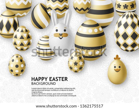 Cute Easter background with white bunny, chicken, eggs and flowers. Golden vector illustration.