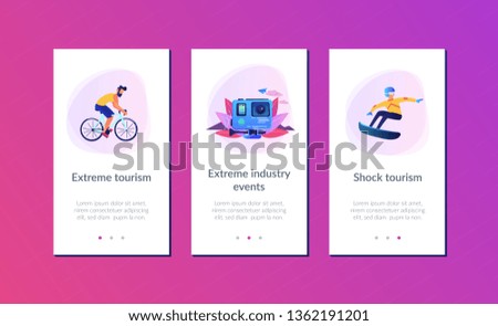 Extreme sportsmen riding a bike and snowboarding, participating in dangerous event. Extreme tourism, shock tourism, extreme industry events concept. Mobile UI UX GUI template, app interface wireframe